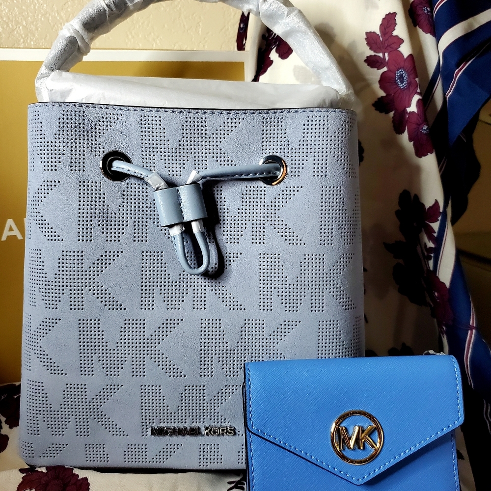 Michael Kors Medium Monogram Blue Suede Crossbody Bag